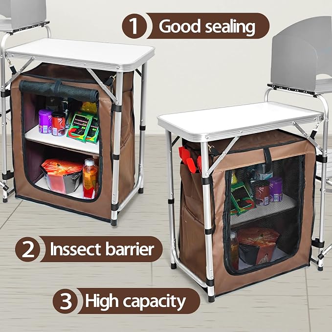 CampLand Folding Camping Kitchen Table with Windscreen,Portable Outdoor Cooking Station with Storage Cabinet & Side Tables Heavy Duty Camp Cook Station for Camping & BBQ（White） - Image 6