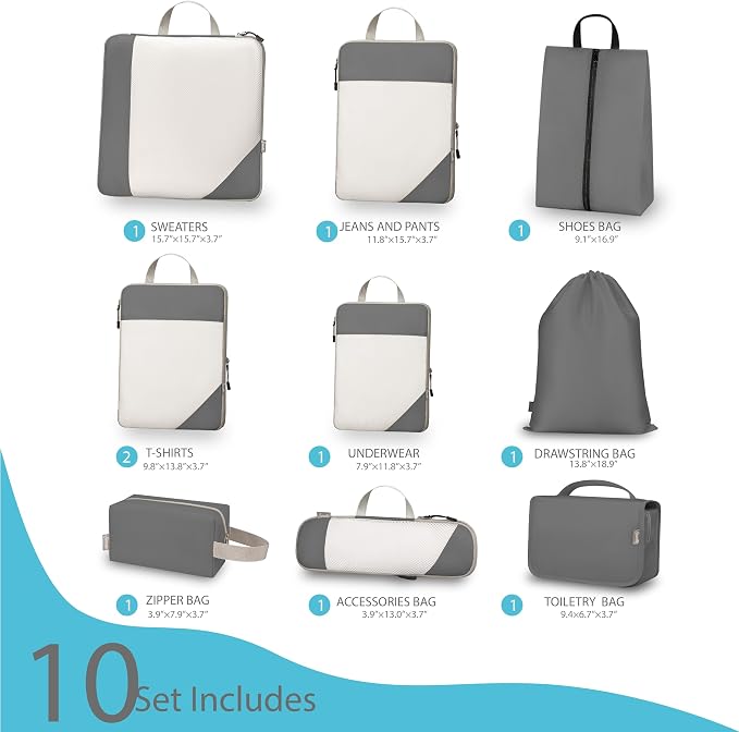 Compression Travel Packing Cubes with White Mesh, Grey, 10Pcs | Waterproof fabric and See-Through Mesh, Space-Saving Compression Organizer for Travel and Daily Clothes Storage - Image 2
