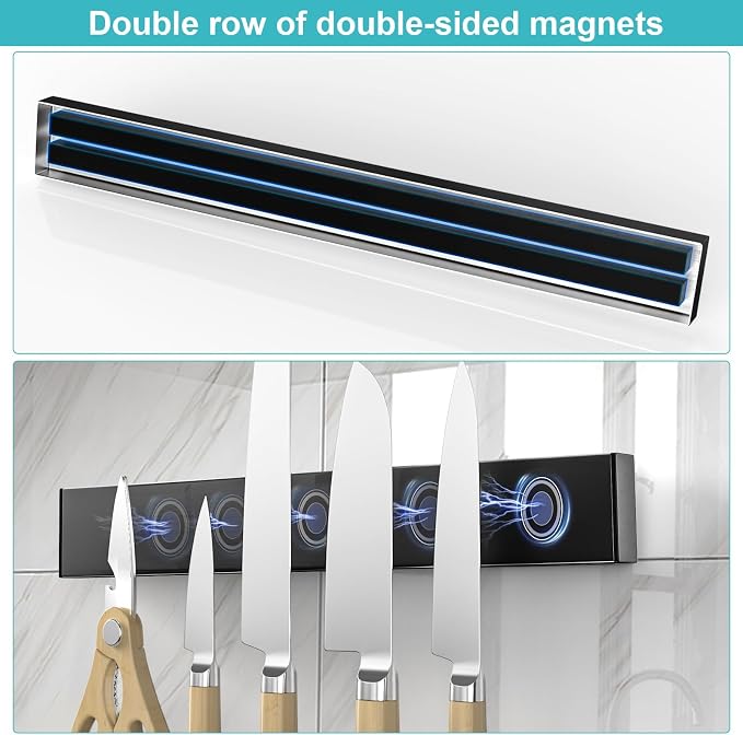 Magnetic Knife Holder for Wall with 3 Hooks, No Drilling Magnetic Knife Strip Adhesive Knife Holder Magnet Knife Bar, Wall Mount Knife Rack Block Metal Tool Holder for RV Kitchen Organization, 10 Inch - Image 3