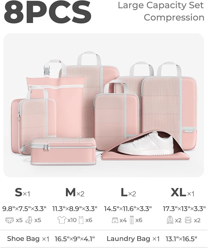 Percover Compression Packing Cubes for Travel, 8-Piece Structured Compression Organizer Set with Laundry Bag & Shoe Bag for Carry-On & Checked Luggage, Pink - Image 2