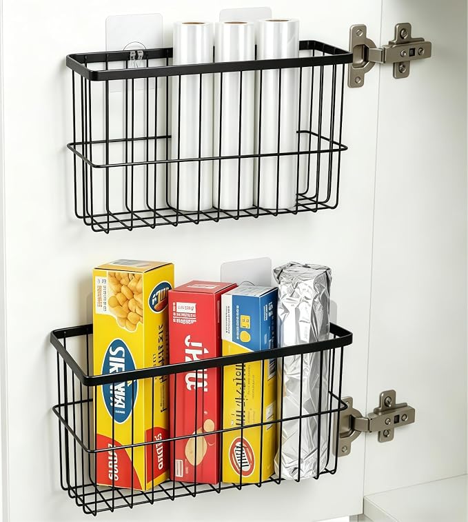 2 Pack Adhesive Cabinet Door Organizer, No Drilling Required, Hanging Storage Basket Organizer Wall Mounted Pantry, for Kitchen, Fridge, Bathroom (Black) by Unknown