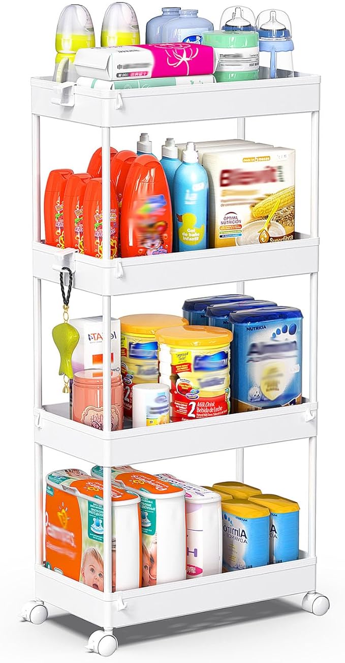 SPACEKEEPER 4 Tier Rolling Cart, Bathroom Cart Organizer with Wheels, White | Mobile Storage Cart for Laundry Room Organization,Kitchen,Office,Bathroom, Utility Cart for Snack,Craft,Art,Makeup,Nail,Toys by SPACEKEEPER