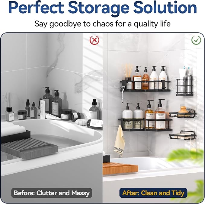 Corner Shower Caddy Adhesive, 100% Rustproof Shower Organizer with Soap and Troothbrush Holder, No Drill Shower Shelf for Inside Shower, Wall-Mounted Shower Storage for Homes (5 Pack, Black) - Image 8