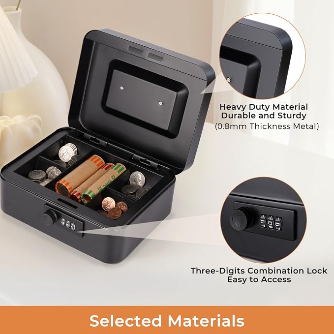 Cash Box with Money Tray and Combination Lock Metal Money Box for Cash Lock Box for Money 7.87" x 6.3" x 3.54" Black - Image 5