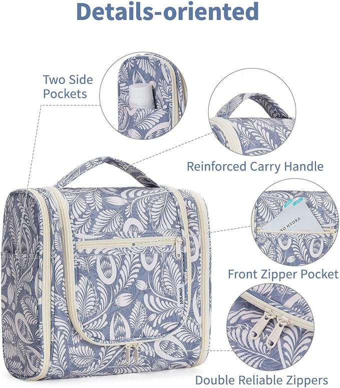 Narwey Hanging Toiletry Bag for Women Travel Makeup Bag Organizer Toiletries Bag Men for Cosmetics Essentials Accessories(Large, Blue Leaf) - Image 6
