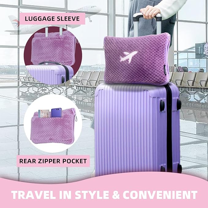 3 in 1 Travel Blanket Pillow Set - 350 GSM Thick Travel Blanket Airplane Compact with Bag, Soft Bag with a Pocket, Inflatable Travel Pillow for Camping & Car Trip (Violet) - Image 4