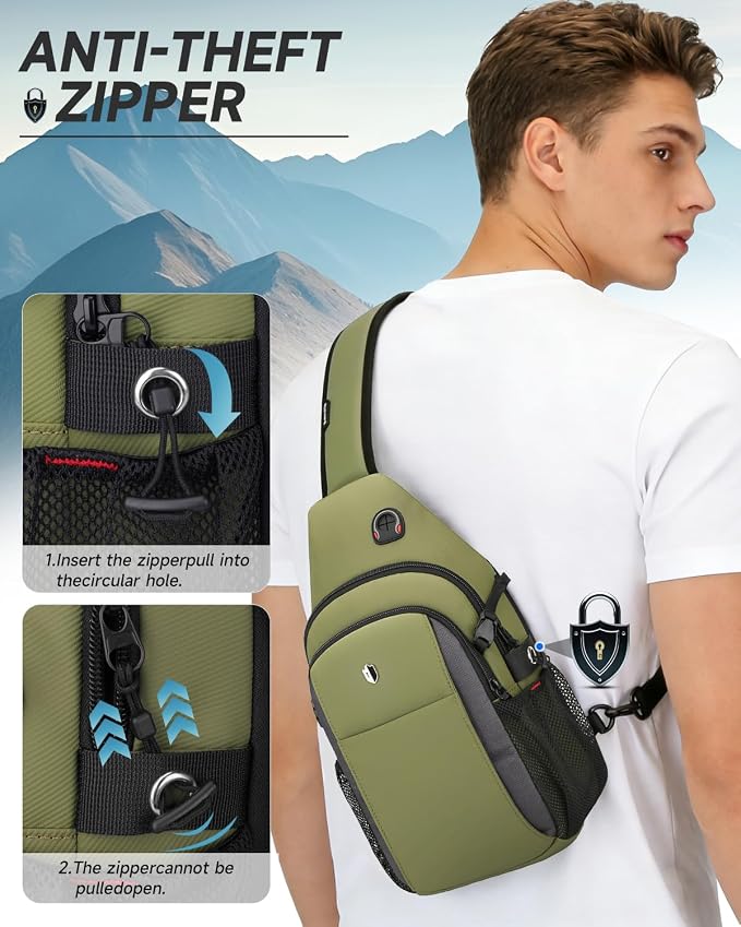 Tactical Sling Bag for Men & Women, Water Resistant Anti-Theft Crossbody Bag Mini Backpack with Water Bottle Pocket, Travel Hiking Chest Pack Fits 11 inch iPad, Switch 2, Army Green | Mens Crossbody Bag - Image 6
