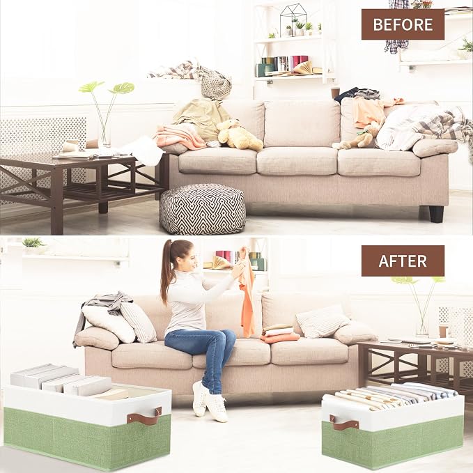 3 Pack Large Capacity Storage Bins Closet Organizer for Shelves | Fabric Closet Storage Baskets Boxes with Leather Handles for Organizing Clothes, Sheets, Jeans, Toys, Books (Green) - Image 5