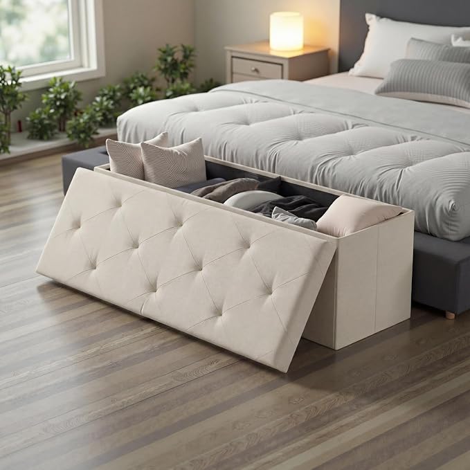 DUMOS 43 Inch Folding Storage Ottoman Bench, Large Ottoman with Storage | Storage Chest with Thicker Foam Padded Seat, End of Bed Foot Rest Stool for Bedroom Living Room Entryway, Load 660 lbs, Beige - Image 7