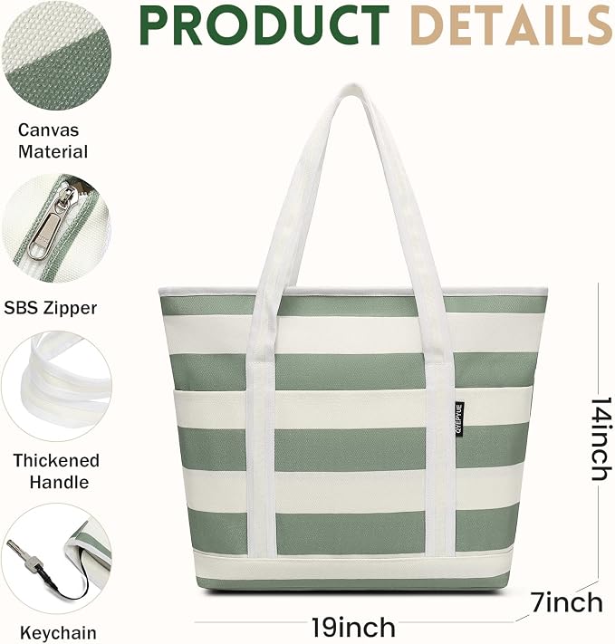 Large Canvas Tote Bag for Women, Beach Bag with Zipper, Utility Tote Bag with 3 Front Pockets, Weekender Pool Bag - Image 6