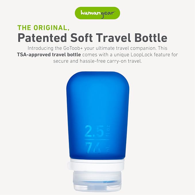 humangear GoToob+ (Medium) | Refillable Silicone Travel Bottle | Locking Lid | Food-Safe Material | Dark Blue, Medium (2.5 fl.oz.; 74ml) | Refillable & Leak-Proof Silicone Travel Size Bottles with Locking Cap for Toiletries, Camping & TSA Carry-On - Image 2
