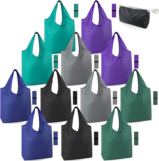 BeeGreen Reusable Bags for Shopping Machine Washable 12 Pack Xlarge Grocery bags Reusable Heavy Duty Folding with Elastic Band Colorful Tote Gift Bags Lightweight Durable Polyester by BeeGreen