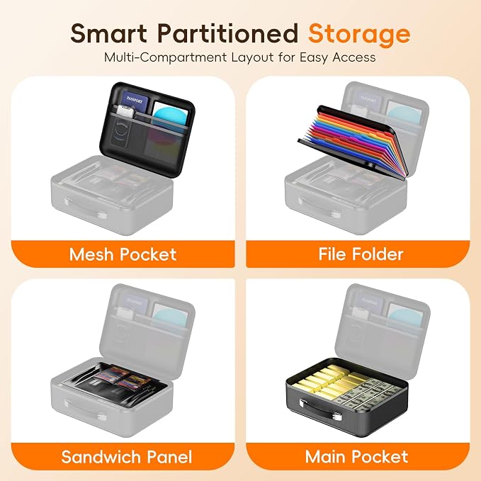 Fireproof Document Box with Lock, Waterproof Hard Shell File Organizer with Accordion Folder, Portable Fireproof File Safe Box for Home Office Storage of Documents, Laptop, Cash & Passports - Image 5