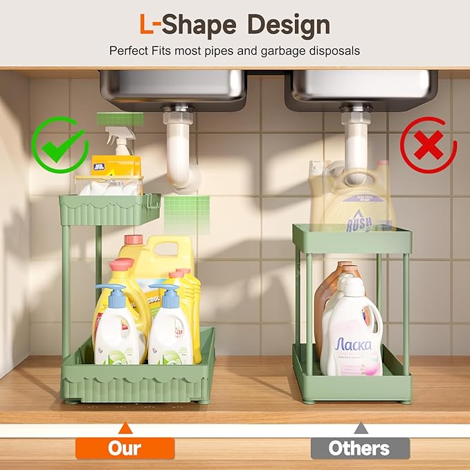 3-Pack 2-Tier L-Shaped Under Sink Organizers with Sliding Drawers | Multi-use kitchen & bathroom storage, 12.85 inch green cabinet organizer, space-saving sliding drawer design. - Image 2