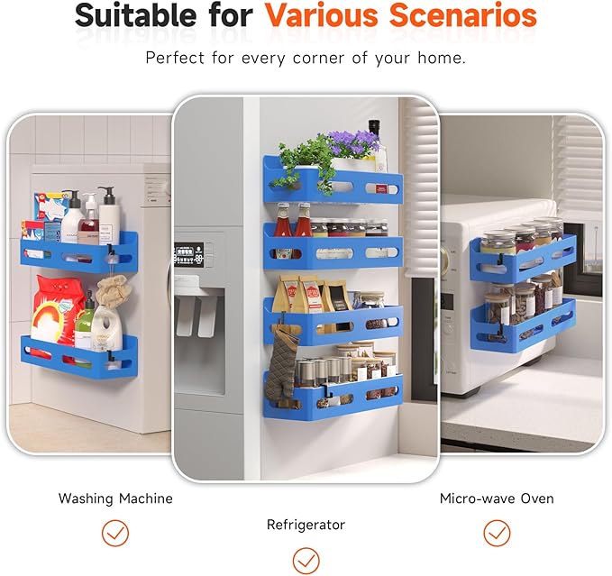 4-Pack Magnetic Spice Rack for Refrigerator with Hooks, Blue | Strong multipurpose magnetic shelf for kitchen & bathroom organization. Includes 4 removable hooks for hanging items. - Image 6