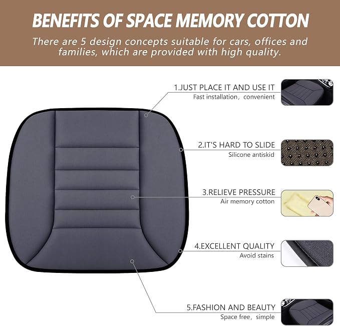 Car Seat Cushion Pad 1.2" Thick Comfort Seat Protector for Car Driver Seat Office Chair Home Use Memory Foam Seat Cushion with Non Slip Bottom, 20'' x 18.5'', Dark Gray - Image 2