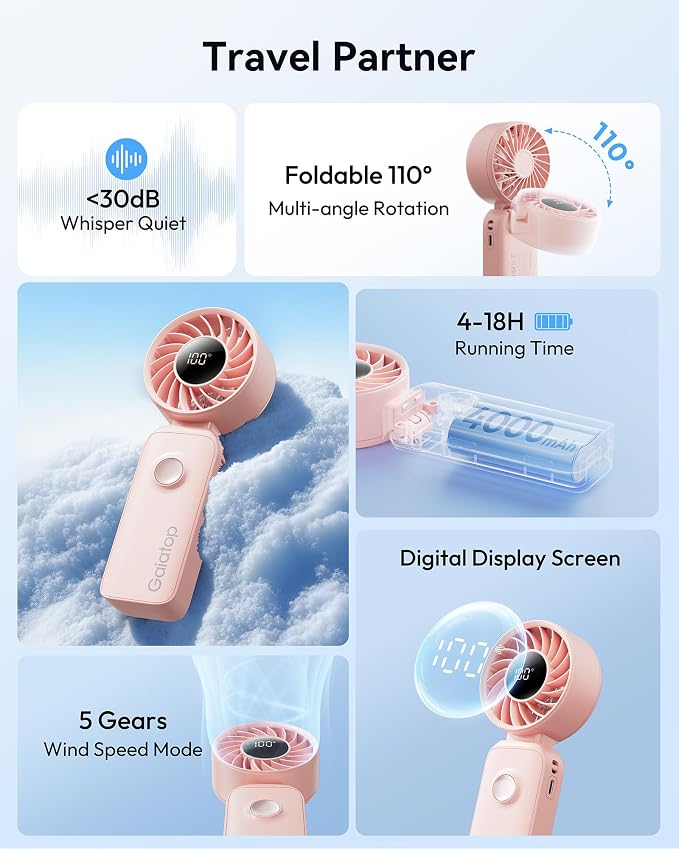 Gaiatop Portable Handheld Fan, Quiet 3 IN 1 Neck/Desk/Hand Fan | Max 18 Working Hours, 5 Speed Rechargeable Battery, Cooling for Travel, Beach, Women/Men Outdoor Activities Gifts Pink - Image 2