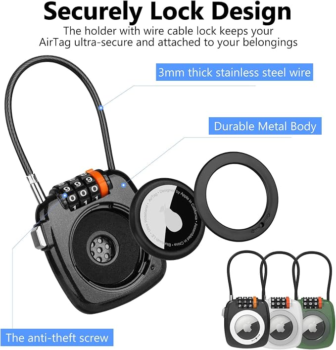 Compatible with Apple AirTag Secure Lock with Wire Cable, 3-Digit Combination Luggage Locks, Alloy Body Ultra Durable Anti-Lost Protective Case for Luggage, Bags, Suitcase, and Backpacks (BLACK) - Image 5