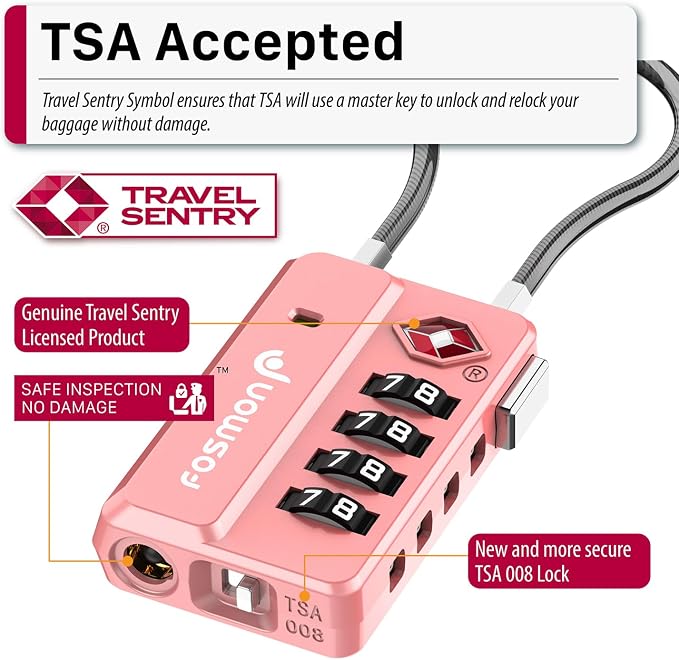 Fosmon TSA Approved Luggage Locks, 4 Digit Combination Cable Travel Lock for Suitcase & Backpack, Heavy Duty Metal Body Padlock with Open Alert Indicator (Pink, 2 Pack) - Image 2
