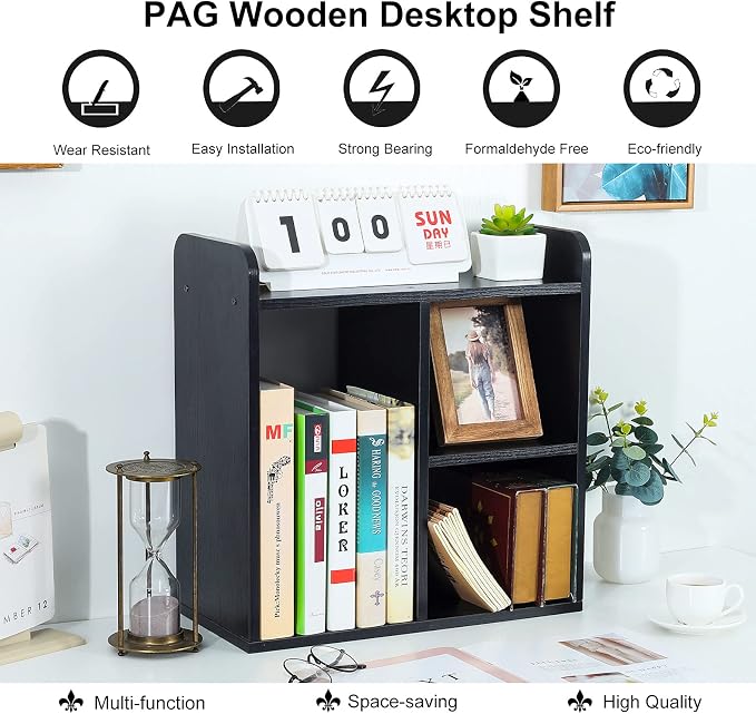 Desktop Shelf Freestanding Wood Small Bookshelf Desk Supplies Organizers and Accessories Storage Display Rack Office Decor for Women, Black - Image 6