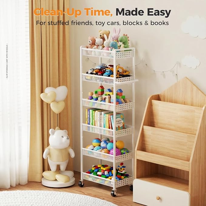 6 Tier Slim Storage Cart with Wheels, 10" D Rolling Storage Cart for Small Space, Metal Narrow Spice Cabinet Mobile Shelving Unit Organizer with Handle for Kitchen, Laundry - White - Image 7
