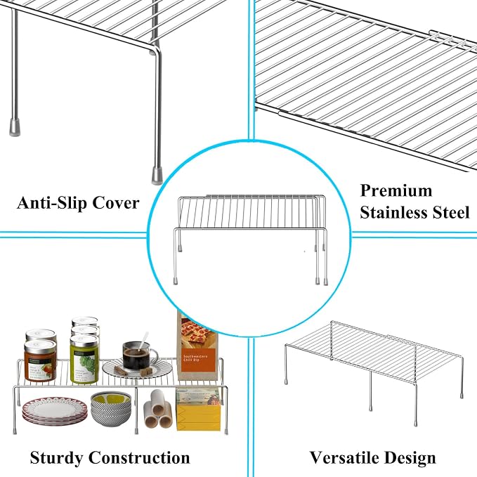 Kitchen Cabinet Expandable Shelf Organizers, Adjustable Metal Wire Pantry Storage Shelves, Plate Dish Organizer Rack for Cabinets, Cupboard, Counter, Freezer, Countertop, Chrome - Image 9