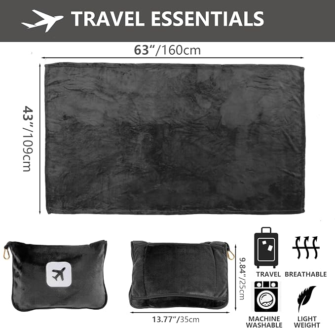 2 Pack Portable Travel Blanket and Pillow - Premium Soft 2 in 1 Airplane Blanket with Compact Pack Soft Bag Pillowcase, Hand Luggage Sleeve and Backpack Clip (Gray) - Image 3