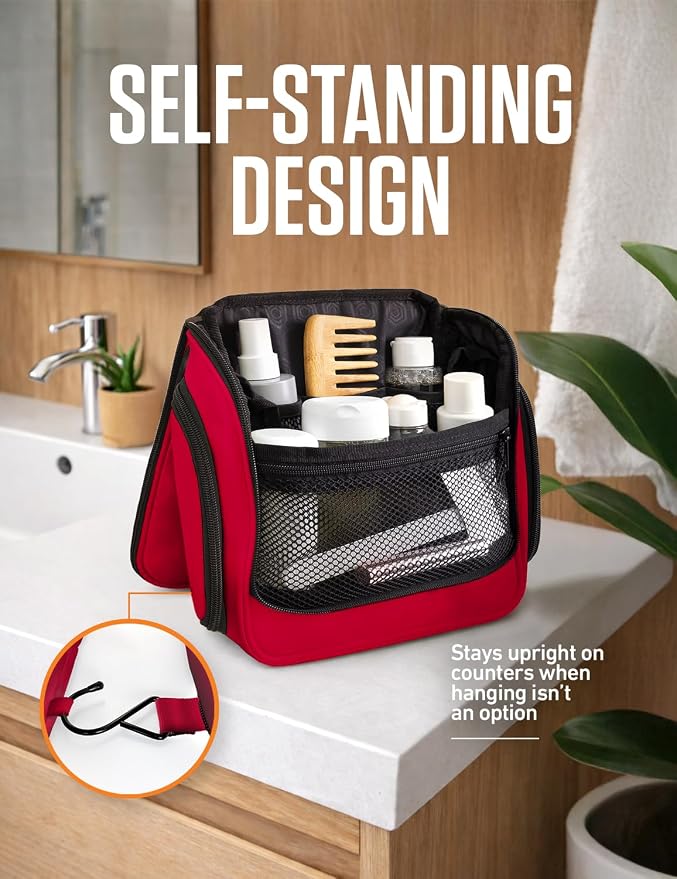 VENTURE 4TH Hanging Travel Toiletry Bag, 18 Compartments - Red | Hangs on rails, hooks or doors; stands upright. Removable TSA pouch. Water-resistant Nylon 290D Twill, reinforced stitching. - Image 5