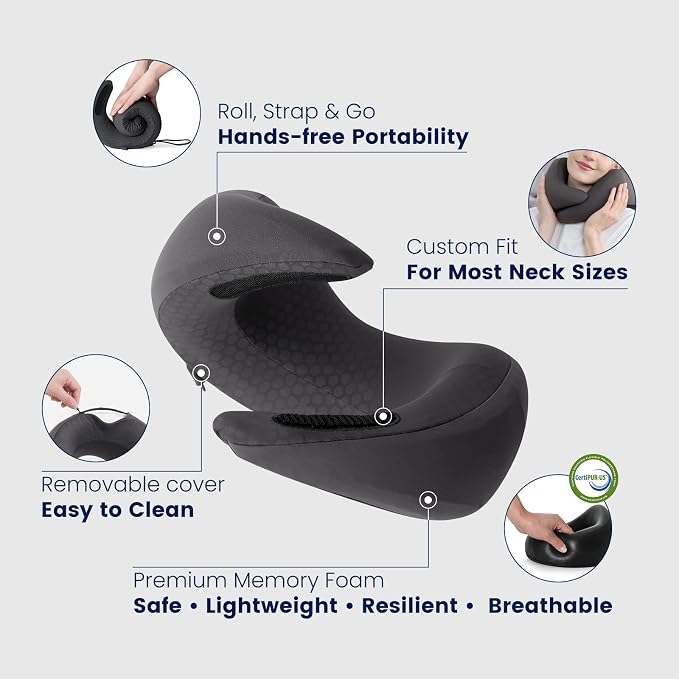 Dream Valley® Neck Travel Pillow, Memory Foam Travel Pillow for Airplane, Portable Roll-Up Neck Pillow with Cooling Inner Fabric, 360° Ergonomic Support, No Head Bobbing, Charcoal Gray - Image 5