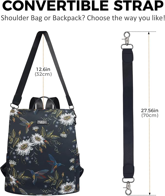 Convertible Backpack Purse for Women Nylon Anti-Theft Backpack | Hidden Back Zipper Opening, Light Compact Travel Size, Waterproof Nylon, Daypack for College Work, Hummingbird Back pack - Image 4