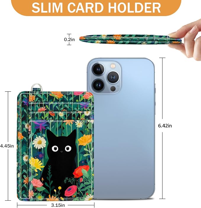 Yonlevres Cat Credit Card Holder Slim RFID Wallet Women Small Travel Cute | Front Pocket, Handy, RFID Blocking, Woman Girls Ladies Gifts, D-ring for Keychain,Thin Mini Card Case, ID Window, PU Leather - Image 6