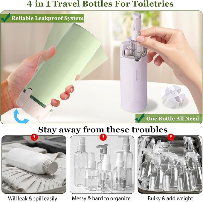 4 in 1 Travel Dispenser, Refillable Leak Proof Travel Bottle Set (Green) | 4 Pack 30ML TSA Approved Travel Toiletry Bottles with Stickers, Brush & Storage Bag for Shampoo, Lotion and Conditioner - Image 3