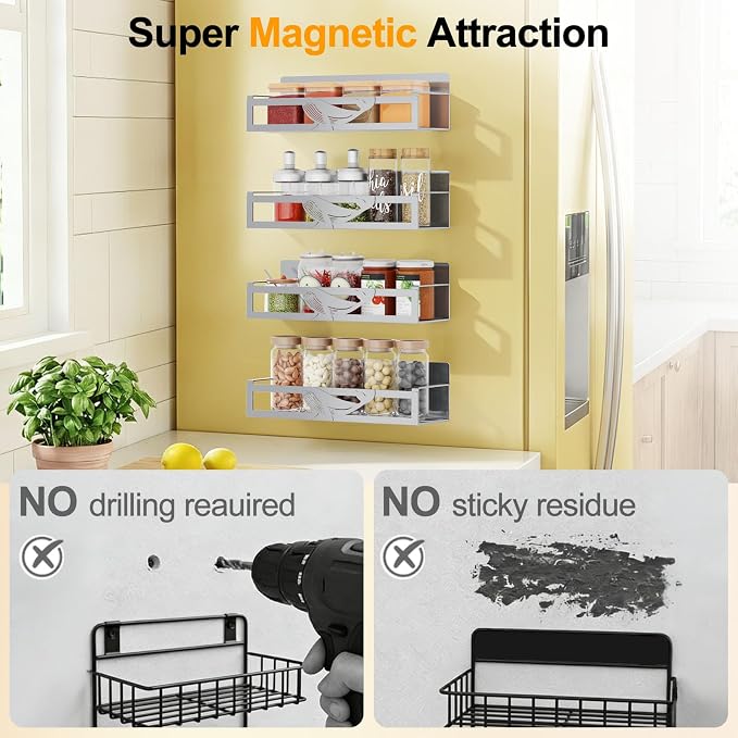 Magnetic Spice Rack for Refrigerator, 4 Pack Metal Magnetic Shelf Organizer for Fridge Side, Strong Spice Storage Rack for Kitchen, Gray - Image 5