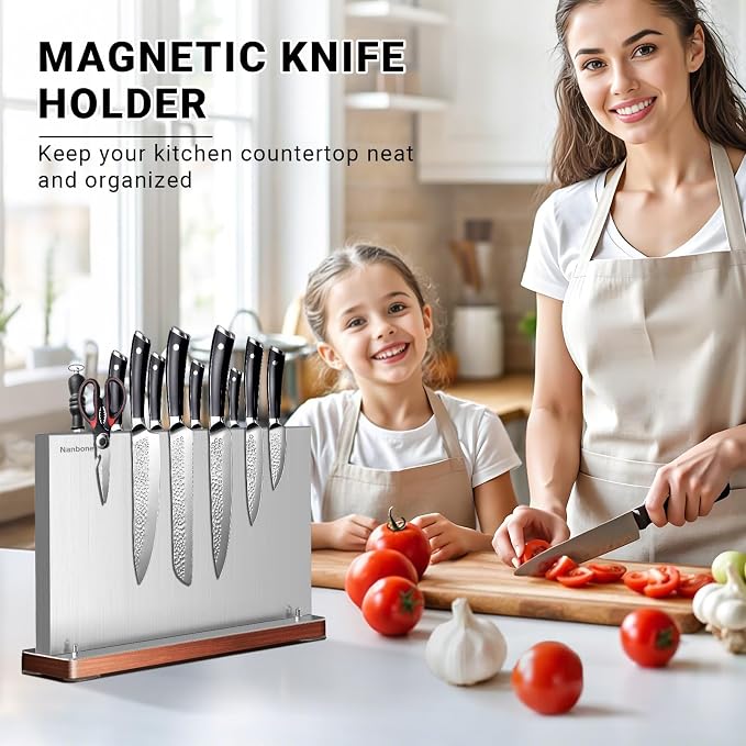 Magnetic Knife Block Stand Without Knives Double Sided Magnetic Knife Holder Rack for Kitchen Counter Stainless Steel Knife Magnetic Strip Display Stand Storage Organizer with Wood Base - Image 7