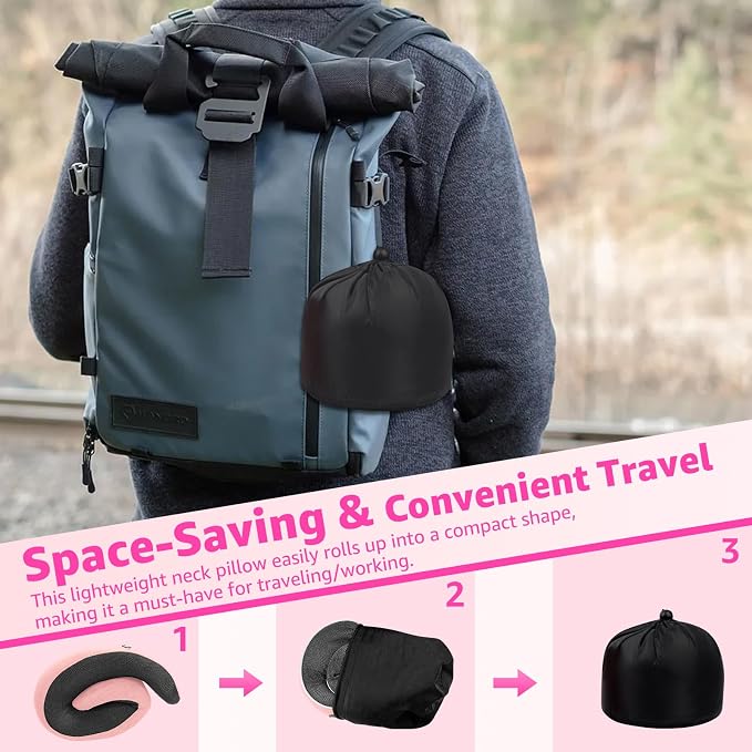 Memory Foam Travel Neck Pillow | Ergonomic 360 Degree Head Support for Airplane, Car and Office Sleeping, with Breathable Cotton Cover and Carry Bag, Pink-2 - Image 8