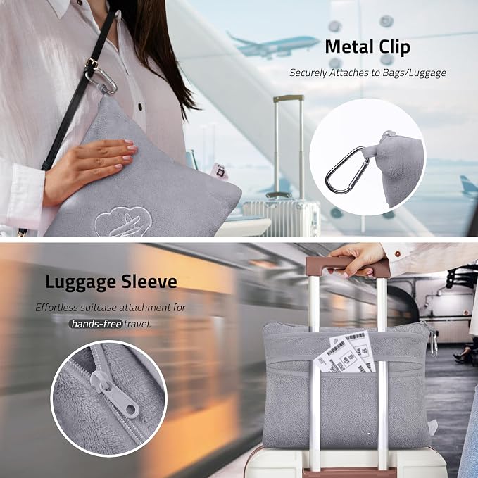 Travel Blanket Pillow,Airplane Blanket Compact with Bag Eye Mask, Ultra-Soft,Warm & Lightweight Included,Travel Essentials for Women & Men, Luggage Sleeve & Backpack Clip 65x40 in, Grey - Image 3