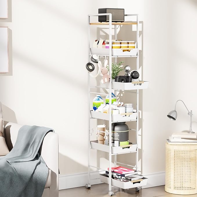 6-Tier Slim Rolling Storage Cart with Wheels, Metal Organizer Tall Rolling Cart, Wood Top Narrow Mobile Utility Cart with Pull-Out Baskets for Kitchen, Bathroom, Laundry Room, 13in(W) White - Image 7