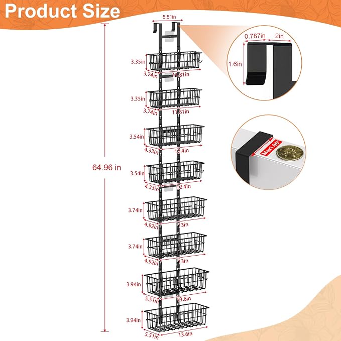 Hongtamoya 8 Tier Over The Door Organizer, Adjustable Hanging Door Organizer with 8 Wire Baskets 6 Hooks, Behind The Door Storage for Pantry Closet Bedroom Bathroom Cabinet Kitchen Laundry Room, Black - Image 2