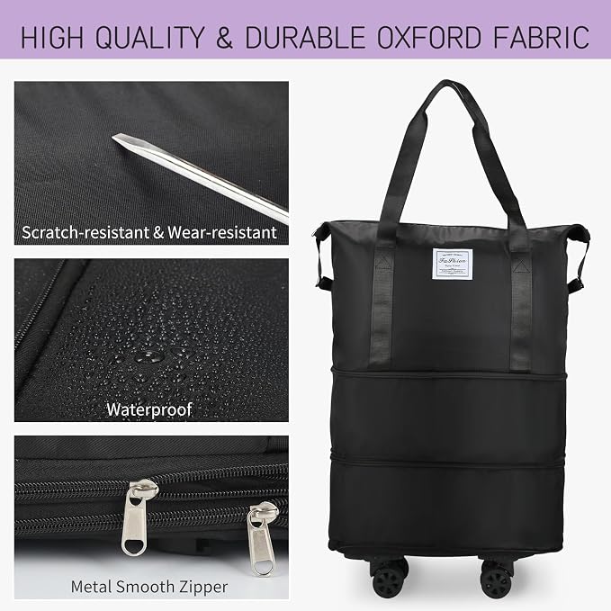 VOOWO Rolling Duffle Bag with Wheels, Expandable Foldable Duffle Bag for Travel, Rolling Under Seat Luggage Carry on Duffel Bags, Wheeled Travel Duffel Weekend Bags, Capacity 18L to 30L (Black) - Image 5