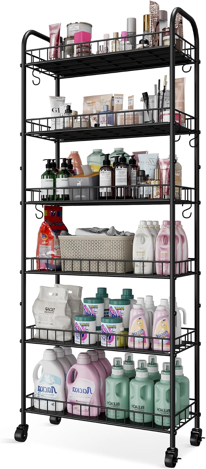 6 Tier Slim Storage Cart with Wheels, Metal Mobile Shelving Unit Organizer Utility Cart for Office Bathroom Kitchen Laundry Room Narrow Places (10inches) - Image 9