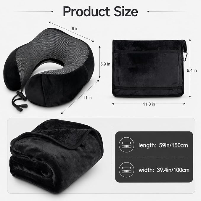 Travel Blanket and Pillow Set - Neck Pillow Airplane Essentials, Black | Memory Foam, Sleep Mask, Earplugs with Bag, Fleece Soft Comfort for Long Plane Flight Traveling Car Road Trip Flying - Image 2