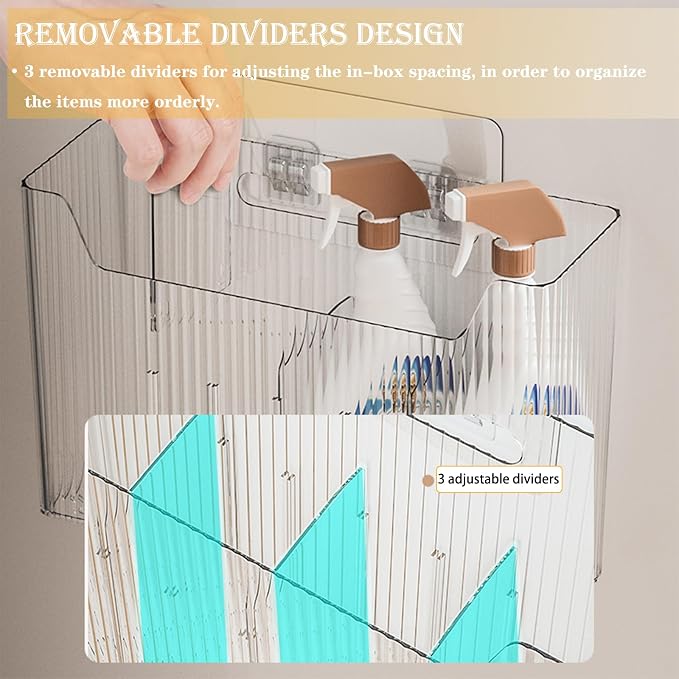 Lae Nuvole Cabinet Door Storage 2-Pack, Clear Adhesive Organizer for Wall | 2.75" Depth, 3 Adjustable Dividers, No-Drill Mount, Renter Friendly, BPA-Free, Holds 15 lbs, for Narrow Space - Image 3
