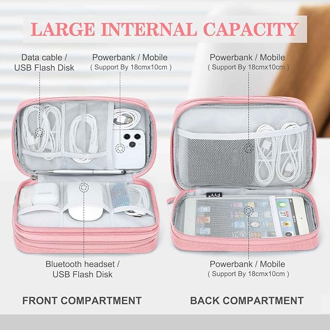 FYY Electronic Organizer, Travel Tech Pouch Bag, Large, Pink | Wrist Strap, Waterproof, Double Layers Portable Electronics Travel Carrying Case for Cord, Charger, Daily Business Trips Use - Image 3