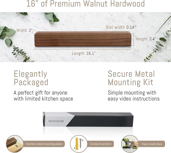 Walnut 16 inch Magnetic Knife Holder for Wall with 2x Storage & Charming Wood - Knife Magnetic Strip, Under Cabinet Magnet Knives Storage - Magnet Strip Rack Kitchen Utensil Holder Organizer Tool - Image 5