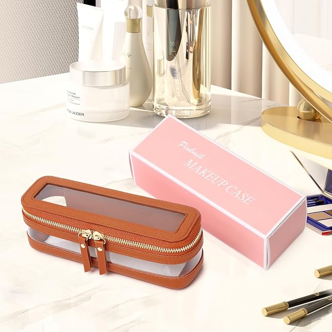 Pinkmik Makeup Brush Case, Brown, Slim | Clear Travel Cosmetic & Toiletry Bag, With Zipper, Small Purse Organizer, Car Essential for Women - Image 6