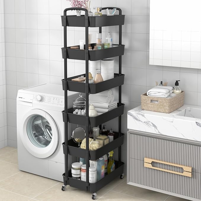 Sywhitta 6-Tier Plastic Rolling Utility Cart with Wheels for Storage,Black | Multi-Functional Storage Trolley, for Office, Living Room, Kitchen, Bathroom,Movable Organizer,Space-Saving,Easy to assemble - Image 7