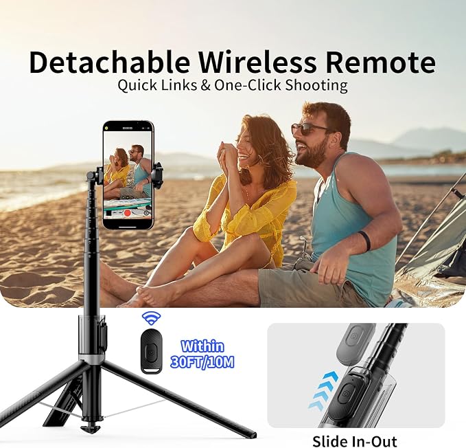 67'' Automatic Phone Tripod, Auto-Open Selfie Stick for iPhone with Remote, 360° Rotatable Extendable Phone Stand for Video Recording Vlog, Stable Travel Tripod Compatible with iPhone Android - Image 5