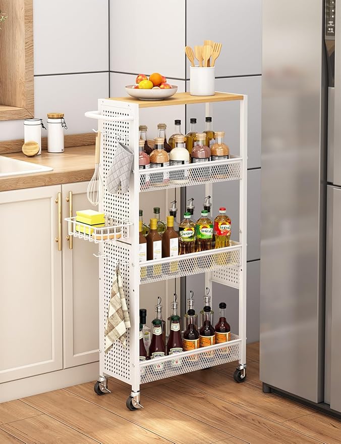 Slim Storage Rolling Cart: 4-Tier Narrow Metal & Wood Utility Cart with Wheels for Kitchen/Laundry/Bathroom(White) by Stayorganized