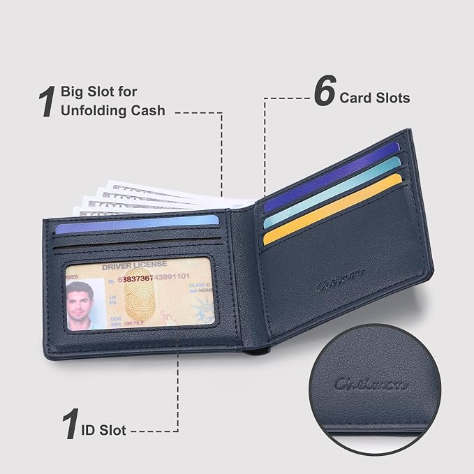 Chelmon Slim Wallet for Men ID Window with RFID Blocking Front Pocket Minimalist Bifold Bussiness Card Holder Gift for Men, Dark Blue - Image 2