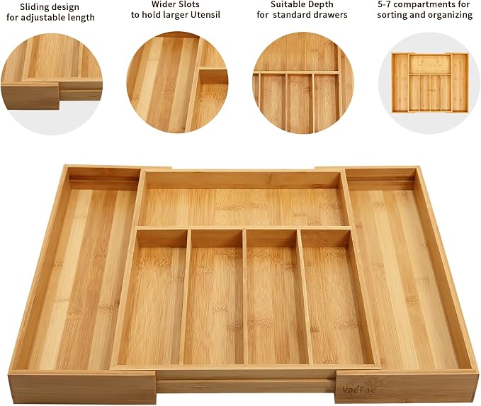 VaeFae Bamboo Drawer Organizer, Large, Natural | Expandable Silverware Organizer, Kitchen Utensil Storage, Wooden Cutlery Tray with Dividers, Fork and Spoon Holder - Image 4